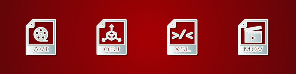 Set AVI file document, OBJ, XSL and MOV icon. Vector