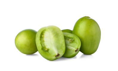Cut fresh green tomatoes on white background