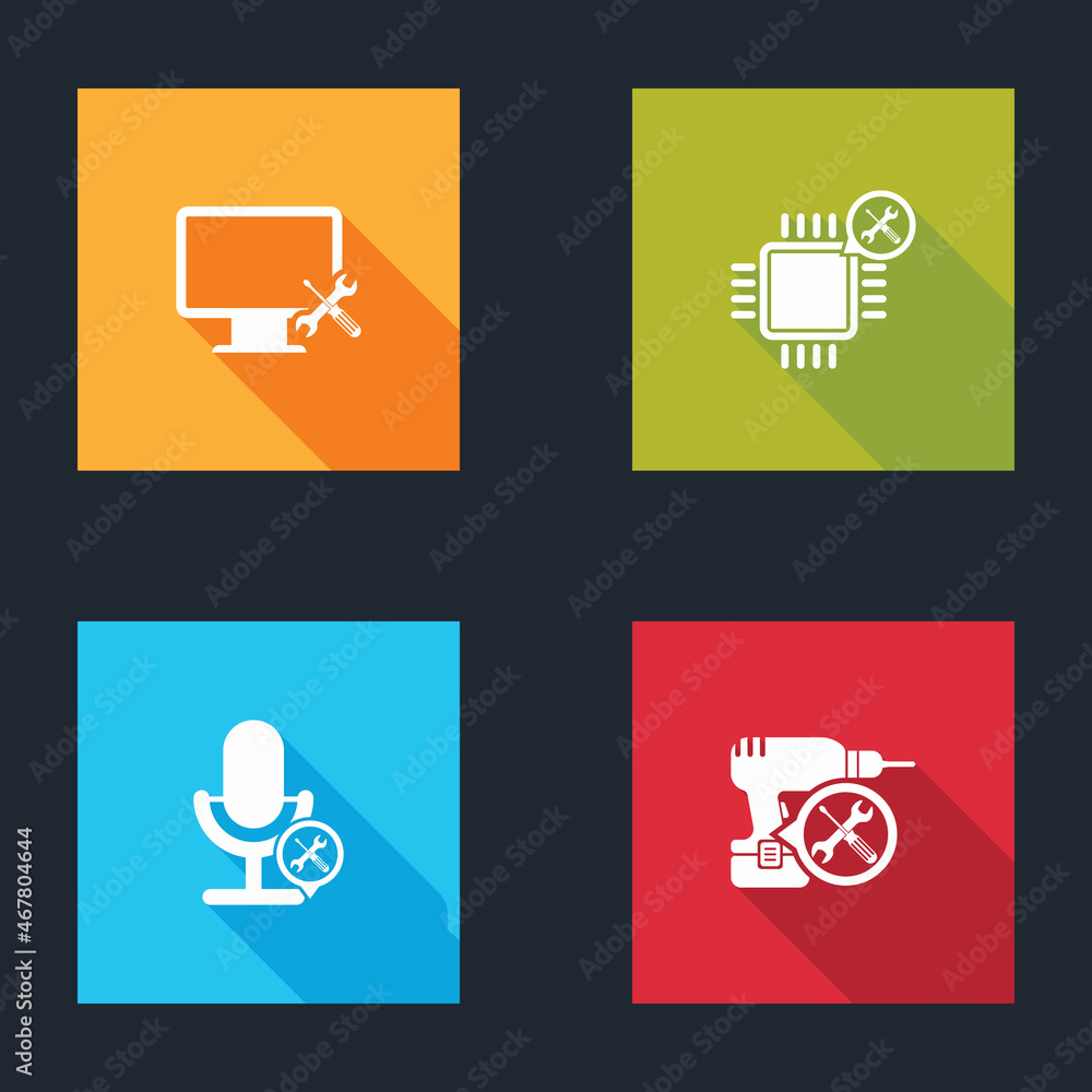 Poster set computer monitor service, processor, microphone and drill machine icon. vector