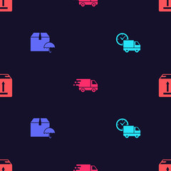 Set Delivery truck and clock, package with umbrella, in movement and Cardboard box traffic on seamless pattern. Vector