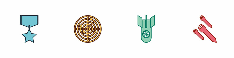 Set Military reward medal, Radar with targets, Nuclear bomb and Rocket icon. Vector