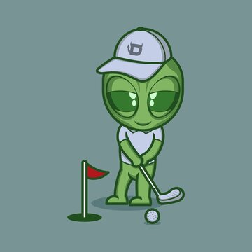 cute cartoon alien character playing golf. vector illustration for mascot logo or sticker