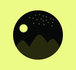 
Vector illustration of mountains or hills, moon and stars at night in a circle