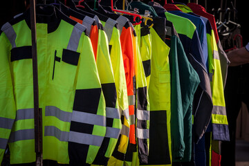 Selective blur on high visibility safety coats and jackets, personal protective equipments, for sale outside, fluorescent colors. These coats are made to be visible on workplace in any condition. .. - obrazy, fototapety, plakaty