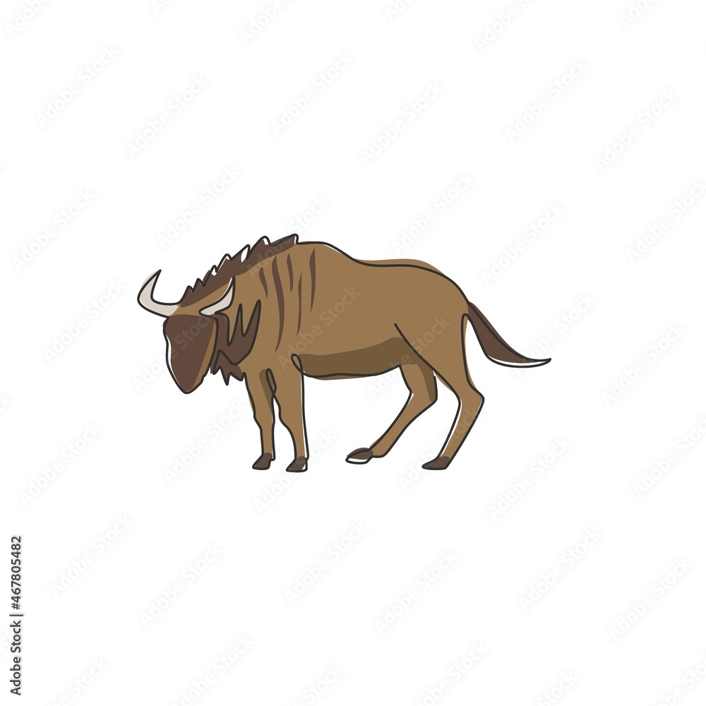 Poster single one line drawing of dashing wildebeest for foundation logo identity. strong gnu mascot concep
