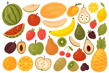 Berries and fruits set vector illustration. Cartoon half or whole berry and fresh fruit collection with orange watermelon apple plum strawberry kiwi pear banana avocado pineapple isolated on white