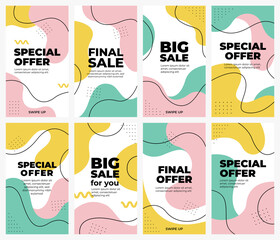 Big final sale, special offer tag for social media stories vector illustration. Trendy promotion minimalist design with geometric shapes, curvy line, dots. Banner template story, flyer, coupon, poster