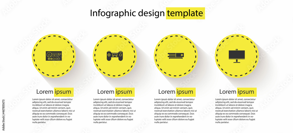 Poster set create account screen, gamepad, video game console and computer monitor. business infographic te