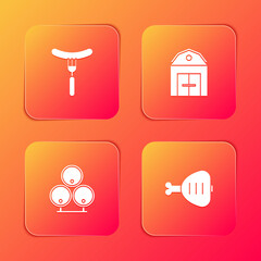 Set Sausage on the fork, Farm House, Wooden barrels and Chicken leg icon. Vector