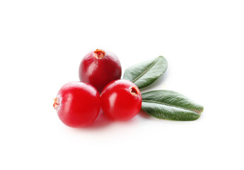 Ripe lingonberry and leaves on white background
