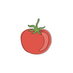 Single continuous line drawing whole healthy organic tomato for farming logo identity. Fresh tropical vegetable concept for vegie garden icon. Modern one line draw design graphic vector illustration