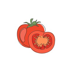 One continuous line drawing slice healthy organic tomatoes for farming logo identity. Fresh tropical vegetable concept for vegir garden icon. Modern single line draw graphic design vector illustration