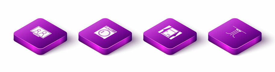 Set Isometric Picture frame on table, Washer, Window with curtains and Round icon. Vector