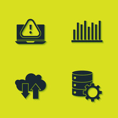 Set Laptop with exclamation mark, Server and gear, Cloud download upload and Pie chart infographic icon. Vector
