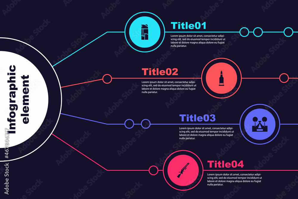 Sticker Set Lighter, Bullet, Tourist tent and Shotgun. Business infographic template. Vector