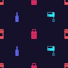 Set Electric mixer, Bottle of olive oil, Grater and Jam jar on seamless pattern. Vector