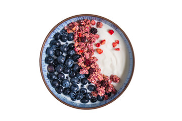 Berry mix bowl super food with healthy granola grain muesli in yogurt for breakfast food meal with honey blueberry strawberry