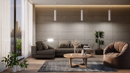 Stylish living room interior of modern apartment and trendy furniture, plants and elegant accessories. Home decor. Template, 3D render. Loft interior, industrial style.
Interior in beige shades