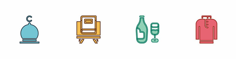 Set Muslim Mosque, Holy book of Koran, Wine bottle with glass and Shirt kurta icon. Vector