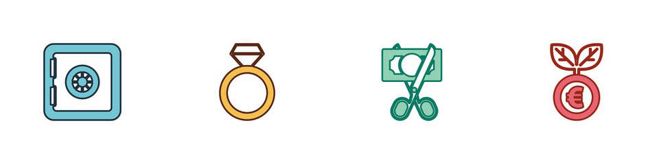 Set Safe, Diamond engagement ring, Scissors cutting money and Euro plant icon. Vector