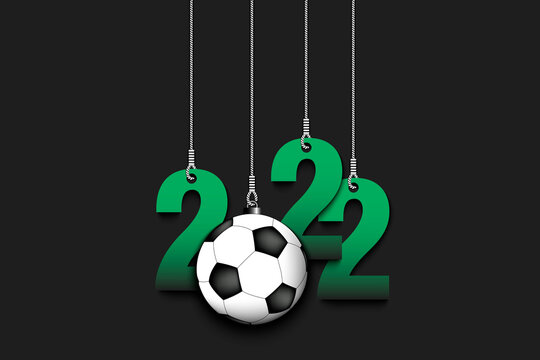 Numbers 2022 and soccer ball as a Christmas decorations are hanging on strings. New Year 2022 are hang on cords. Template design for greeting card. Vector illustration on isolated background