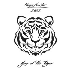 Happy new year 2022 year of tiger. Drawing head tiger. Design template for greeting card, poster, brochure, banner, flyer, calendar, party invitation. Vector illustration on isolated background