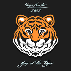 Happy new year 2022 year of tiger. Drawing head tiger. Design template for greeting card, poster, brochure, banner, flyer, calendar, party invitation. Vector illustration on isolated background