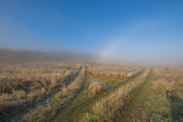 Obraz premium Autumn landscape in the early morning. Fog-covered expanses through which the first rays of the rising sun pass. Trees and hills in the fog. Dawn on a cold autumn morning.
