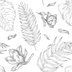 Seamless floral pattern with hand drawn flowers magnolia petals leaves fern leaf illustration