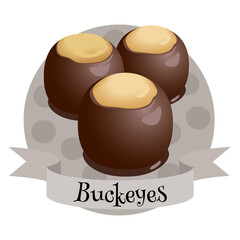 Buckeyes traditional American dessert. Colorful illustration. Peanut butter and chocolate candies.