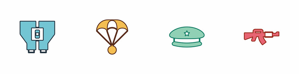 Set Binoculars, Parachute, Military beret and M16A1 rifle icon. Vector