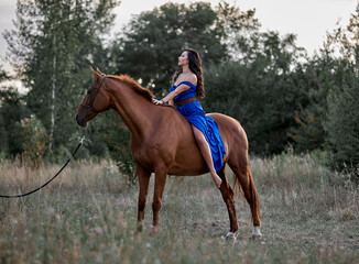 Beautiful long-haired girl in a blue dress riding a red horse