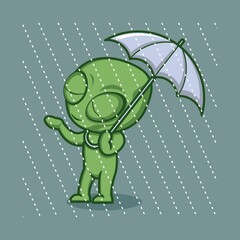 cute cartoon alien character playing rain using umbrella. vector illustration for mascot logo or sticker