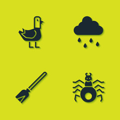 Set Dove, Spider, Handle broom and Cloud with rain icon. Vector