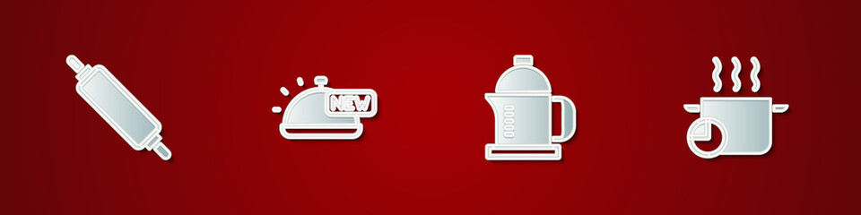 Set Rolling pin, Covered with tray of food, French press and Cooking pot icon. Vector