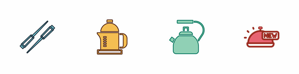 Set Food chopsticks, French press, Kettle with handle and Covered tray of food icon. Vector