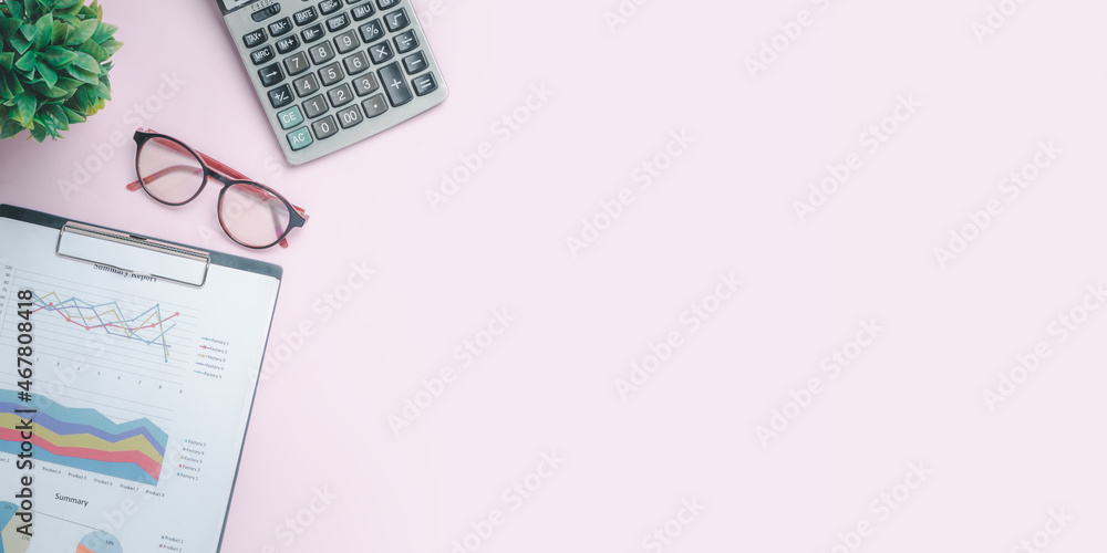 Aufkleber pink office desk table with analysis chart or graph, pen, eyeglass and calculator. top view with cop