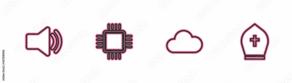Poster set line speaker volume, cloud, processor with cpu and pope hat icon. vector