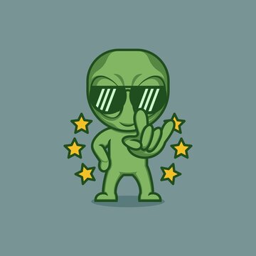 cute cartoon alien character giving cool rocker sign. vector illustration for mascot logo or sticker