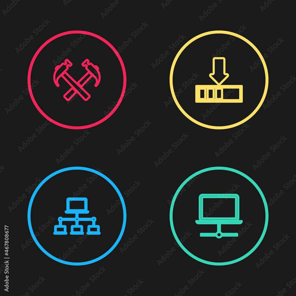 Poster set line computer network, , loading and two crossed hammers icon. vector