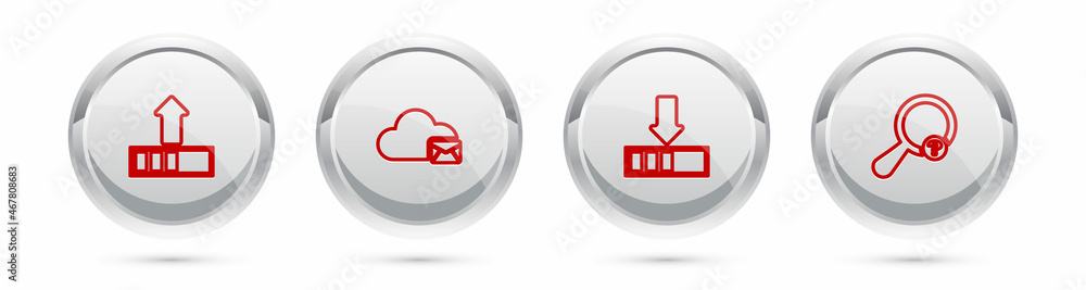 Poster set line loading, cloud mail server, and unknown search. silver circle button. vector