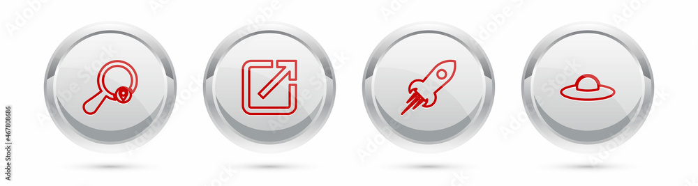 Poster set line search location, open in new window, rocket ship with fire and ufo flying spaceship. silver