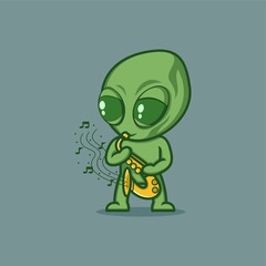 cute cartoon alien character playing sexophone. vector illustration for mascot logo or sticker