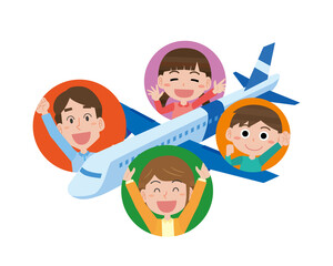 飛行機で旅行する家族