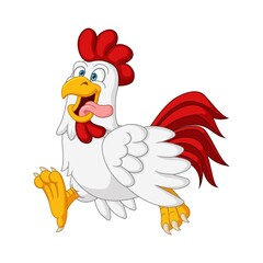 Cartoon happy chicken walking on white background