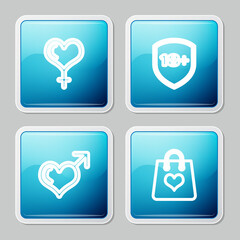 Set line Female gender and heart, Shield with 18 plus, Male and Shopping bag icon. Vector