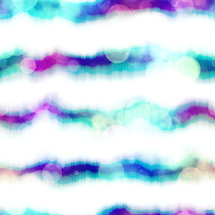 Seamless seventies tie dye stripe bokeh texture. Hippie summer wavy striped repeat background with ink dyed effect.