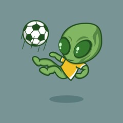 cute cartoon alien character playing soccer. vector illustration for mascot logo or sticker