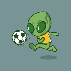 cute cartoon alien character playing soccer. vector illustration for mascot logo or sticker