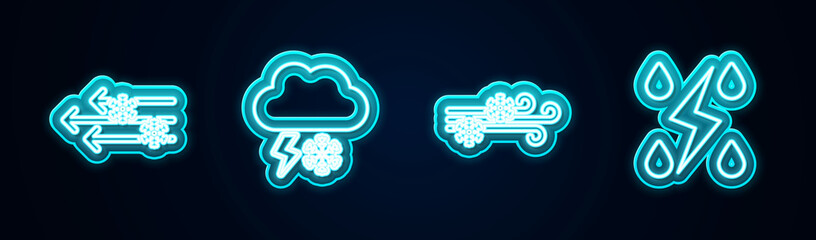 Set line Wind and snow, Cloud with lightning, and Storm. Glowing neon icon. Vector